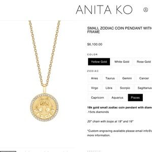 Anita Ko NWOT Gold Pisces Zodiac Pendant Necklace